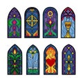 Glass church windows, religious icons. Catholic christmas frames, medieval cross art, chapel monastery interior. Bright Royalty Free Stock Photo