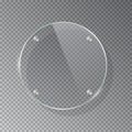 Glass circle shape plate isolated on transparent background. Vector realistic round acrylic frame with steel rivets