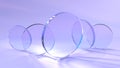 Glass circular disks with rainbow effect of light refraction from prism or crystal 3d render. Clear acrylic plates