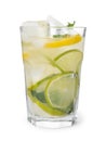 Glass of citrus refreshing drink with ice cubes