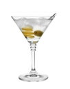 Glass of classic martini cocktail with ice cubes, lemon zest and olive Royalty Free Stock Photo