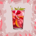 Glass with classic strawberry lemonade - beautiful vector illustration of slices of lemon , strawberries, mint,ice cubes