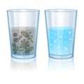 Glass with clean and dirty water, infection illustration. Vector