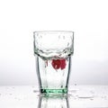 In the glass with clean and transparent water, falls fresh strawberries, splashes water.