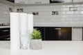 A glass of clean water with osmosis filter and cartridges on white table in a kitchen interior. Concept Household filtration Royalty Free Stock Photo