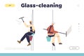 Glass cleaning concept of landing page with window washer on steeplejack washing glass of skyscraper Royalty Free Stock Photo