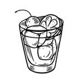 Glass cocktail with cheery and ice cube. Hand drawn black color vintage engraving style. Vector illustration. Royalty Free Stock Photo