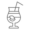 Glass with cocktail, drinking straw and ice cubes thin line icon, drinks concept, summer cocktail sign on white Royalty Free Stock Photo