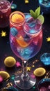 glass of cocktail with fruits decorations, glass of cocktail, cocktail in the bar, cocktail on the table Royalty Free Stock Photo