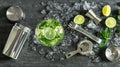 Glass cocktail lime, mint, ice. Drink making bar tools shaker Royalty Free Stock Photo