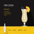 Glass of cocktail pina colada on black background. Cocktail menu Royalty Free Stock Photo