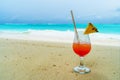 Glass of cocktail is on sandy coral beach, Maldives, The Indian Royalty Free Stock Photo