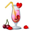 Glass of cocktail with straw, hearts and cherry. Romance pink drink, decorated with berries. Vector isolated on white