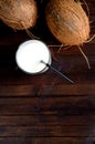 A glass of coconut milk and two whole coconuts. Royalty Free Stock Photo