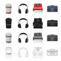 A glass of coffee, an earphone, a camera polaroid, a music center. Hipster style set collection icons in cartoon black