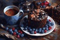 a glass of coffee or a glass of hot chocolate, a muffin and berries