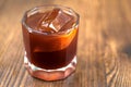 A glass of coffee on wooden background. Iced americano in cafe. Cool summer drinks. Whiskey coctail, coffee-based alcohol Royalty Free Stock Photo