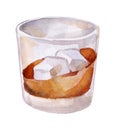 Glass of cognac, scotch or whiskey with ice isolated on white background. Hand drawn watercolor illustration