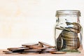Glass of coin and spread coin on floor on vintage wood blurred b Royalty Free Stock Photo