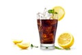 Glass of cola or coke with ice cubes, slices of lemon and pepper Royalty Free Stock Photo