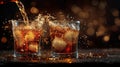 Glass of cola drink on bar counter with ice cubes and splash Royalty Free Stock Photo