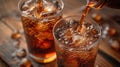 Glass of cola drink on bar counter with ice cubes and splash Royalty Free Stock Photo