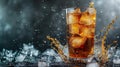 Glass of cola drink on bar counter with ice cubes and splash Royalty Free Stock Photo
