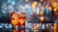 Glass of cola drink on bar counter with ice cubes and splash Royalty Free Stock Photo