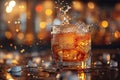 Glass of cola drink on bar counter with ice cubes and splash Royalty Free Stock Photo