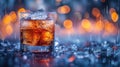 Glass of cola drink on bar counter with ice cubes and splash Royalty Free Stock Photo