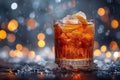 Glass of cola drink on bar counter with ice cubes and splash Royalty Free Stock Photo