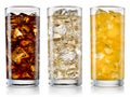 Glass of cola, fanta, sprite with ice cubes isolated on white. W Royalty Free Stock Photo