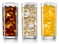 Glass of cola, fanta, sprite with ice cubes isolated on white. W