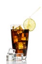 Glass of cola with ice cubes, lime and straw on white backgroun Royalty Free Stock Photo