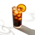 Glass of cola with ice, lemon and straw on a white background. Close-up of drink, cola with ice cubes