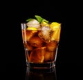 Glass of cola with ice, mint and lemon on black background Royalty Free Stock Photo