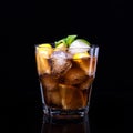 Glass of cola with ice, mint and lemon on black background Royalty Free Stock Photo