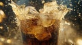 A glass of cola with ice splashing in a dynamic, refreshing scene Royalty Free Stock Photo