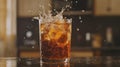 A glass of cola with ice splashing in a dynamic, refreshing scene Royalty Free Stock Photo