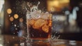A glass of cola with ice splashing in a dynamic, refreshing scene Royalty Free Stock Photo