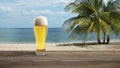 Glass with cold beer with sea or ocean beach on background Royalty Free Stock Photo