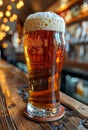 Glass of cold beer on wooden bar counter in pub Royalty Free Stock Photo