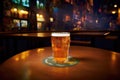 Glass of beer on wooden table in an empty pub. AI generated Royalty Free Stock Photo
