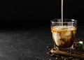 glass cold brew coffee with ice and milk on black or dark background Royalty Free Stock Photo