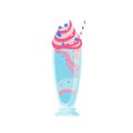 Glass of cold bubble gum milkshake with topping. Cocktail with whipped cream and berries. Summer refreshing beverage