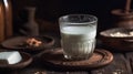 glass of cold buttermilk (ayran) or kefir. Close-up on a wooden table.