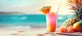Glass with cold cocktail with pineapple on the beach. Summer vacation concept. Created with generative Ai