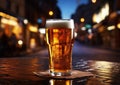 Glass of cold craft lager beer with night city view.Macro.AI Generative