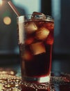 Glass of cold dark fizzy drink with ice cubes, cola or soda beverage on dark background, summer refreshment Royalty Free Stock Photo