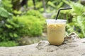 Glass of cold espresso coffee on Timber Background blurry views tree